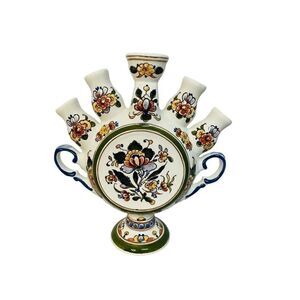 Delft 5 finger tulip vase floral pattern Heinen Fish mark beautiful vintage 8"